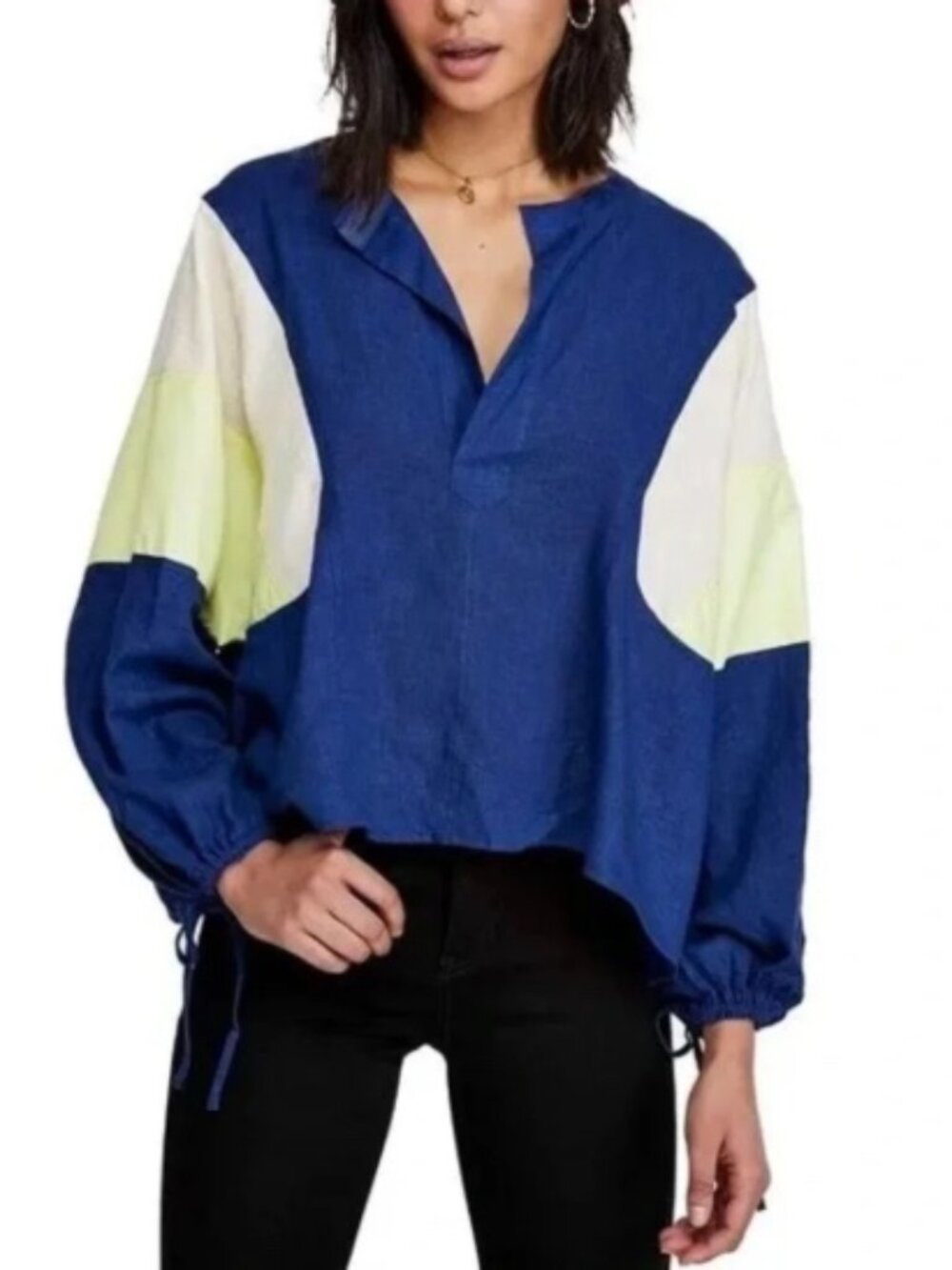 We The Free Blue Colorblock Long Sleeve Pullover Top